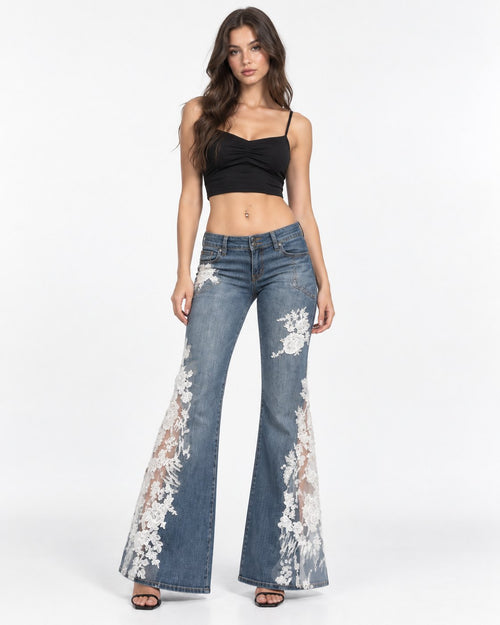 Ivory Bloom Flare Jeans front on model