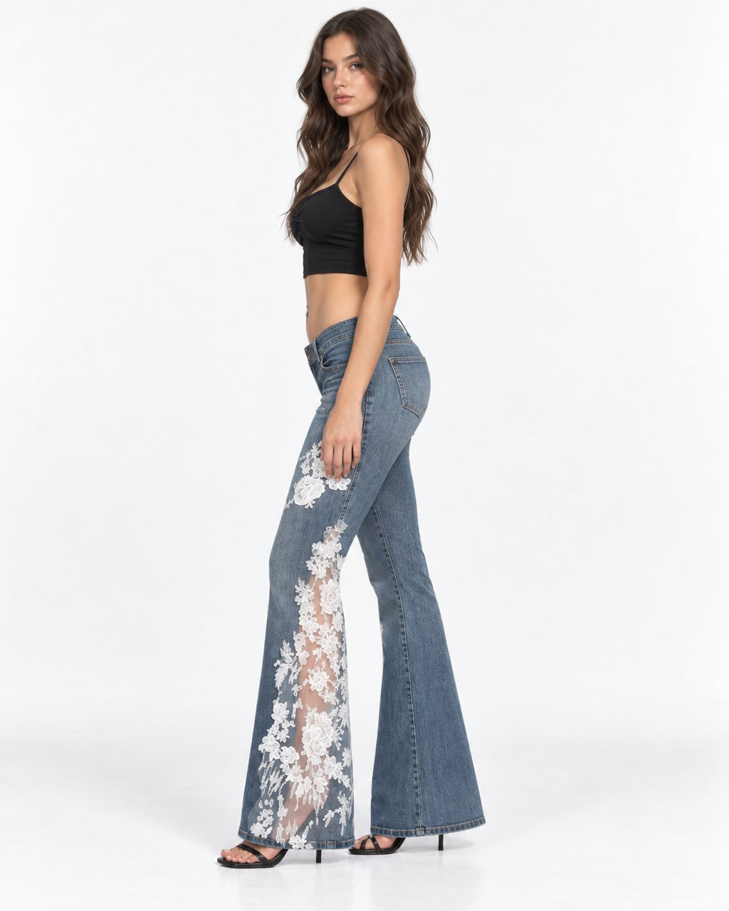 Ivory Bloom Flare Jeans side on model