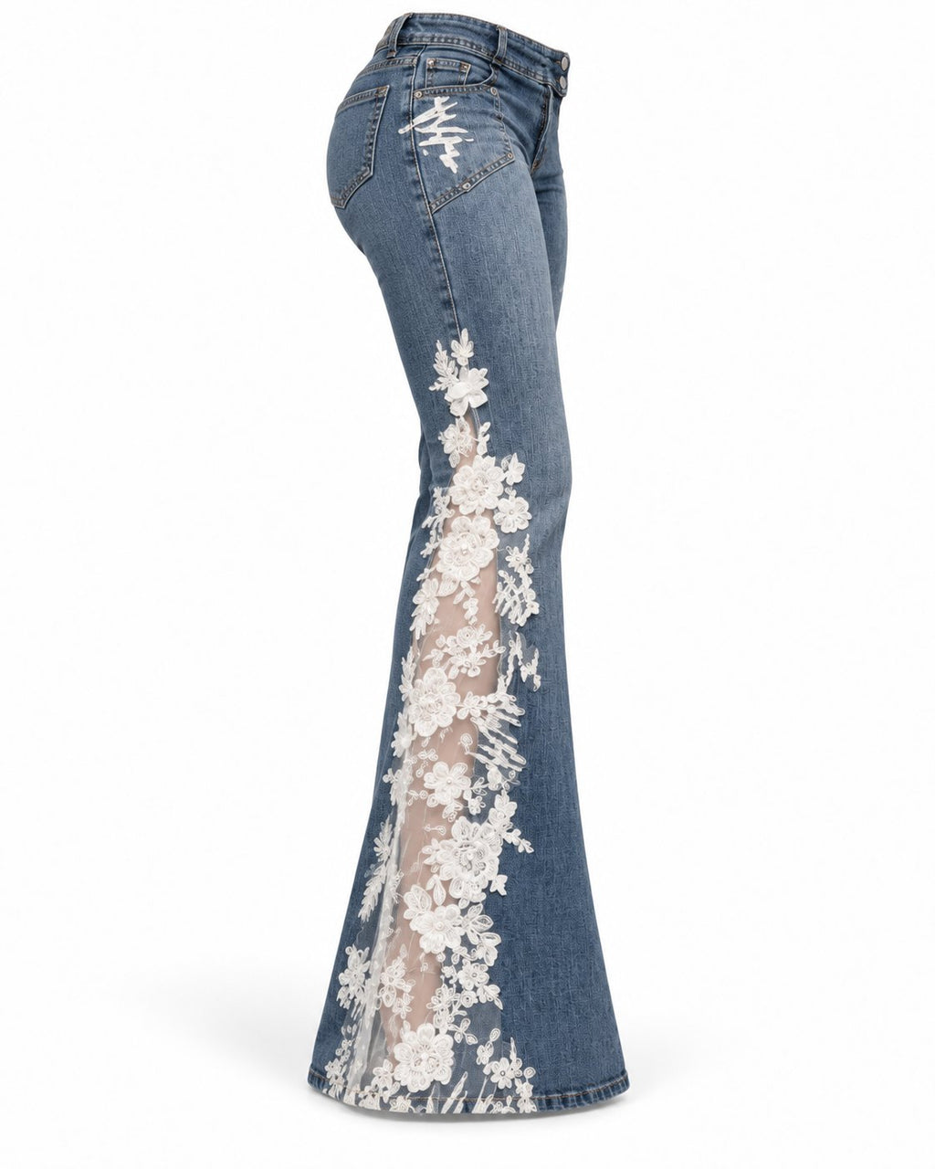 Ivory Bloom Flare Jeans lace panel detail