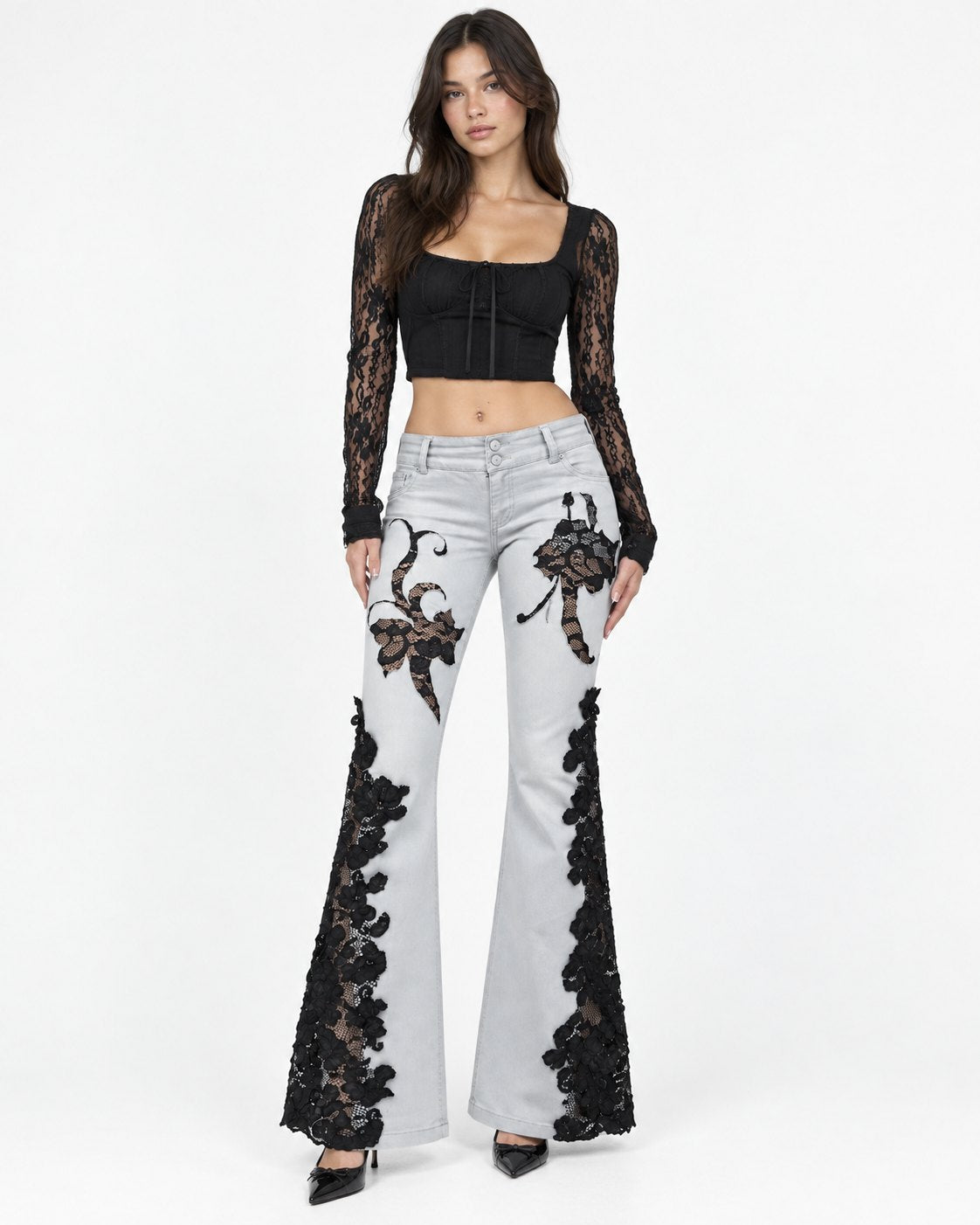 Noir Lace Flare Jeans front on model