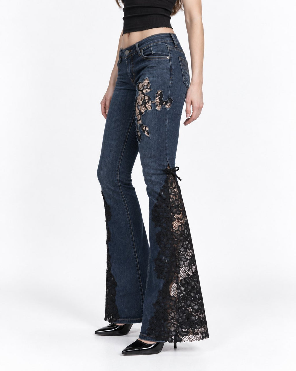 Midnight Lace Flare Jeans angled on model